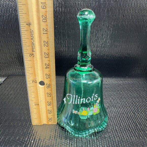 Vintage Illinois State Green Glass Bell Applied Flowers Glassware Figurine Decor - Picture 3 of 9